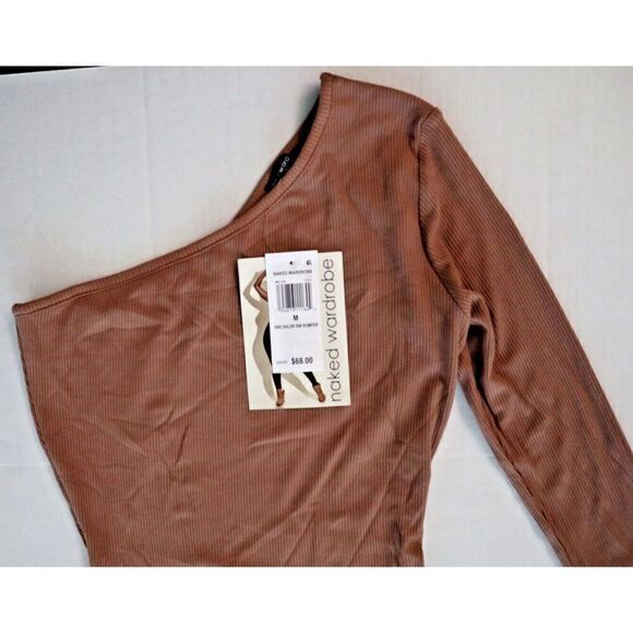 Naked Wardrobe NW-J1183 Women's Sz M Coco Brown One-Shoulder Ribbed Romper - Picture 6 of 11